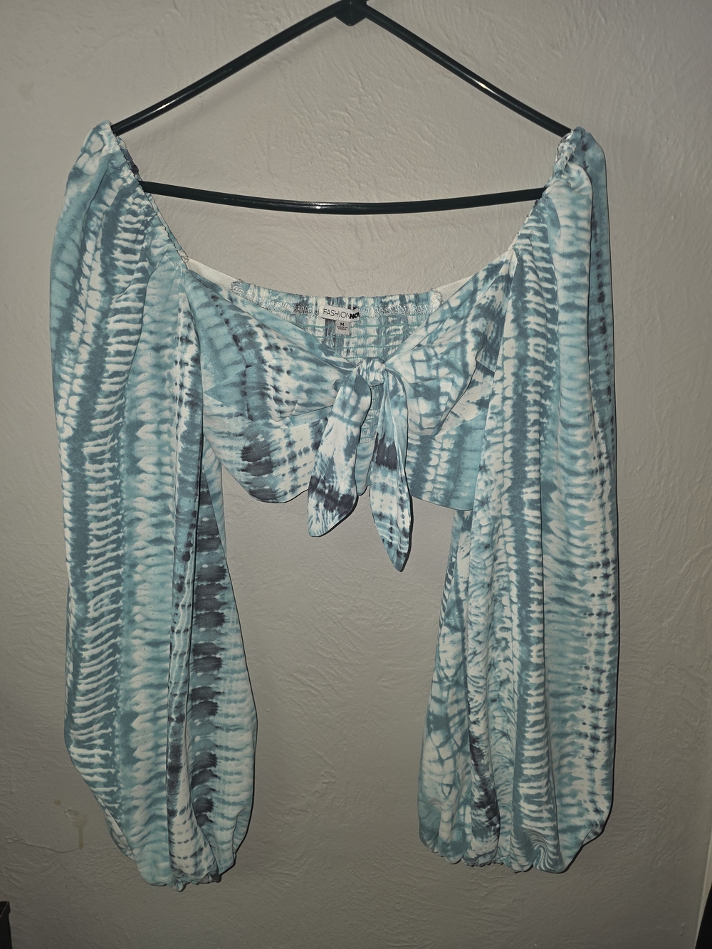 Fashion Nova Aqua Tie-Dye Off-Shoulder Crop Top with Front Tie